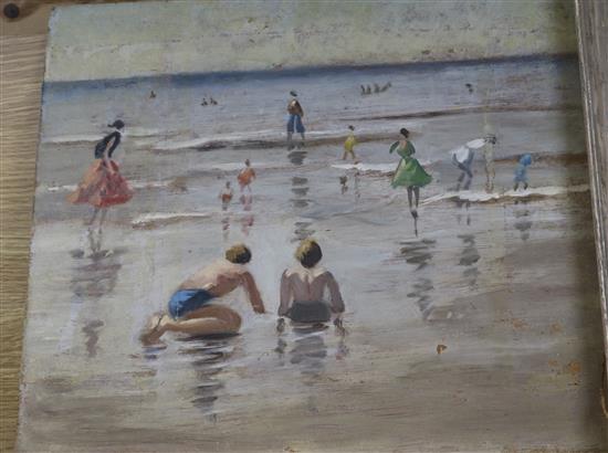 N.P. (mid 20th century), oil on board, painted on both sides with a beach scene and a portrait of a boy, 36.5 x 42.5cm